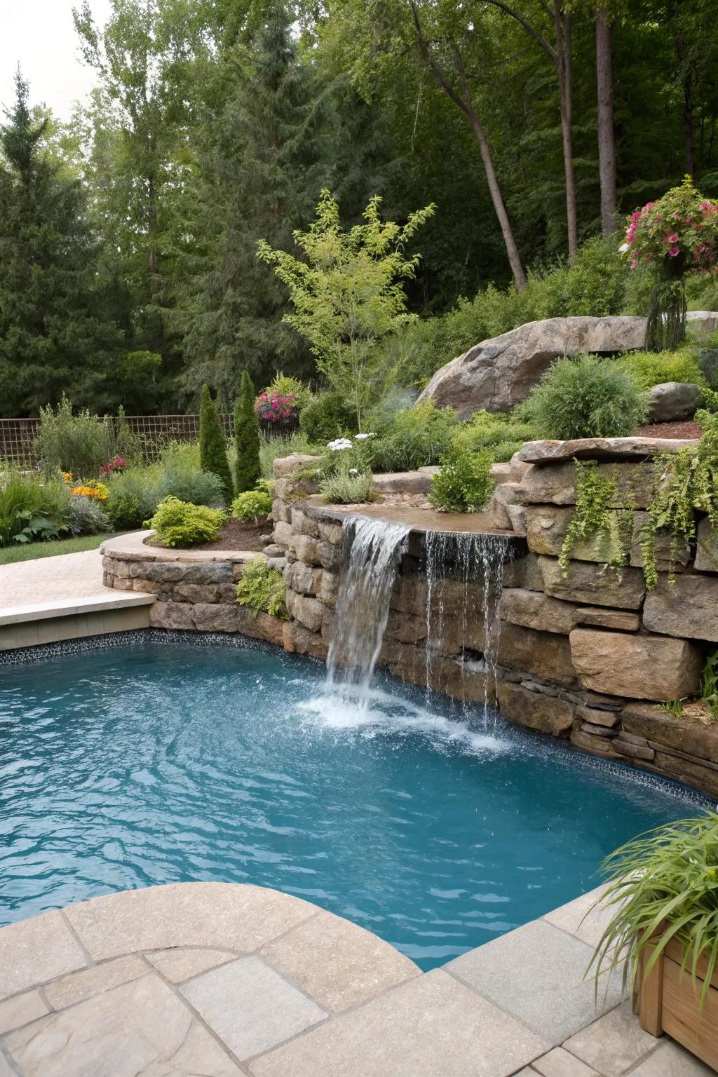 A waterfall integrated into the retaining wall creates a tranquil atmosphere.