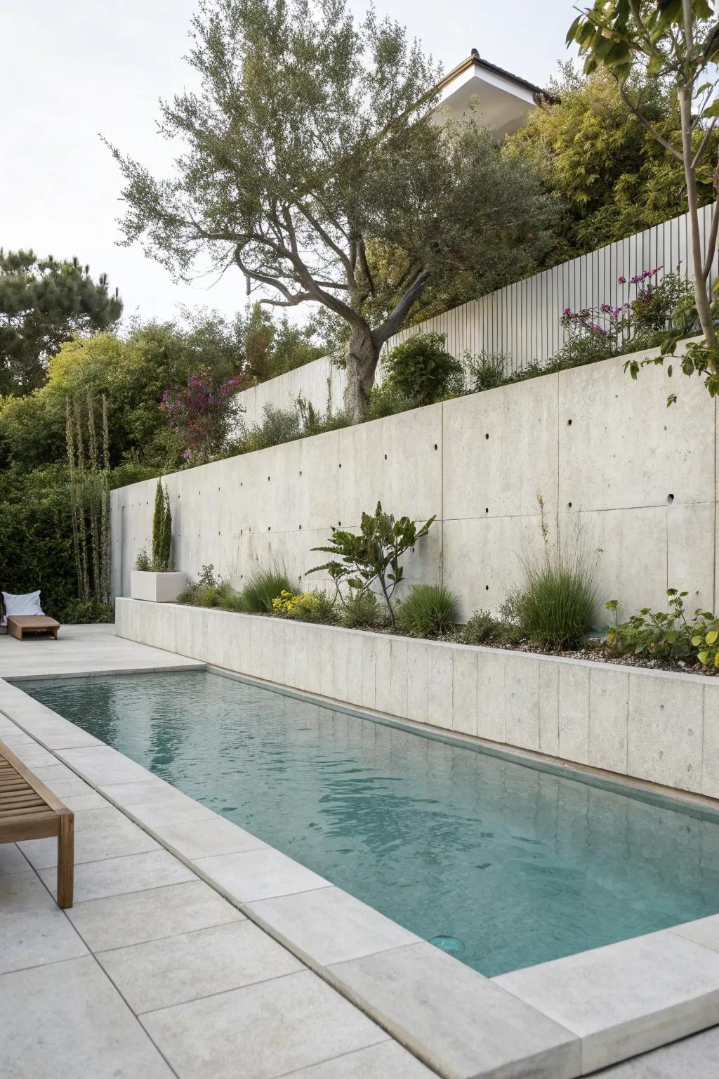 Concrete retaining walls offer a clean, modern look for contemporary spaces.