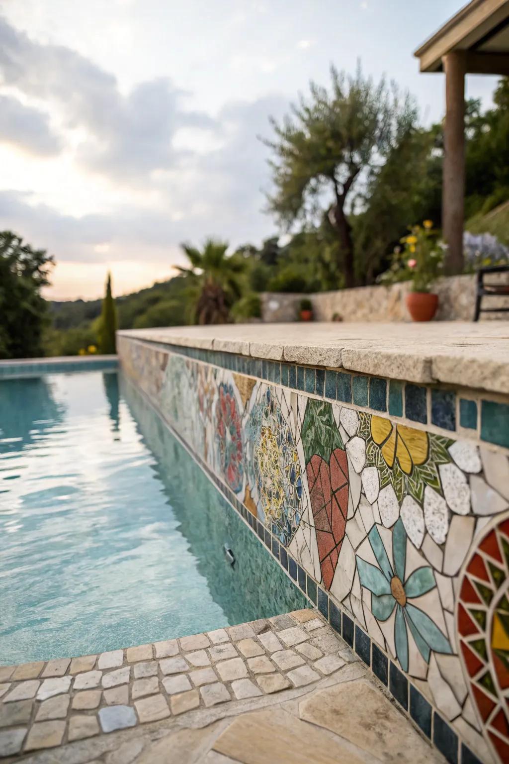 Mosaic art on a retaining wall adds vibrancy and creativity to your pool area.