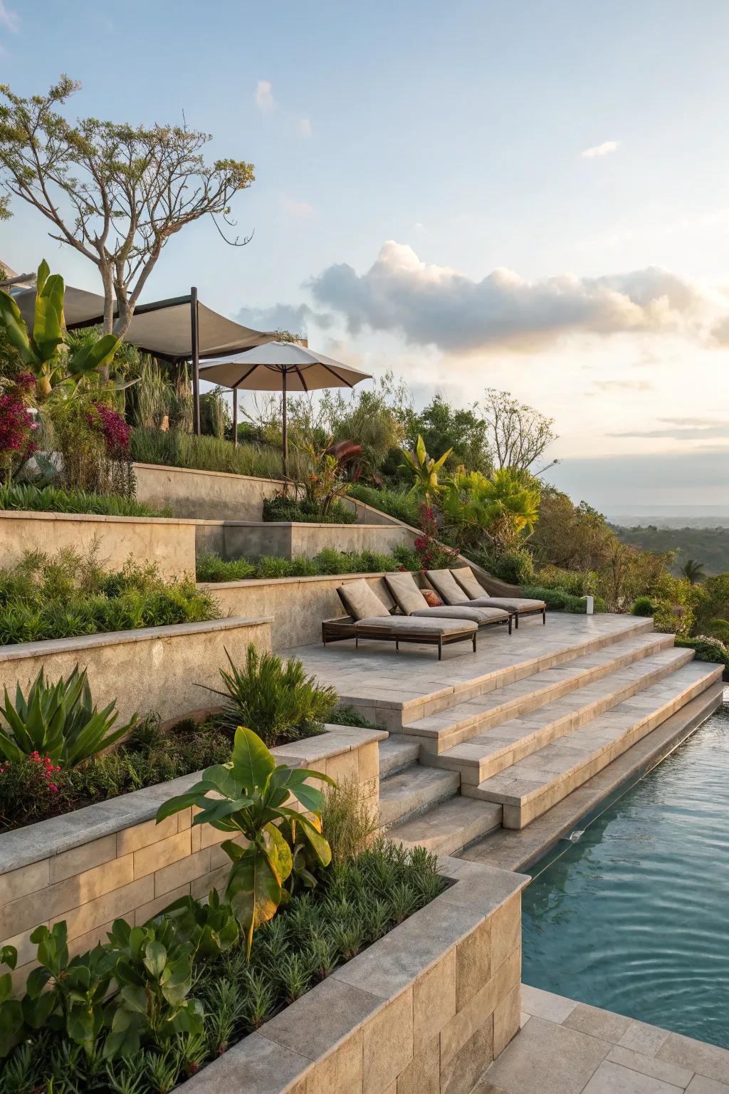 Terraces add dimension and style to sloped pool areas.