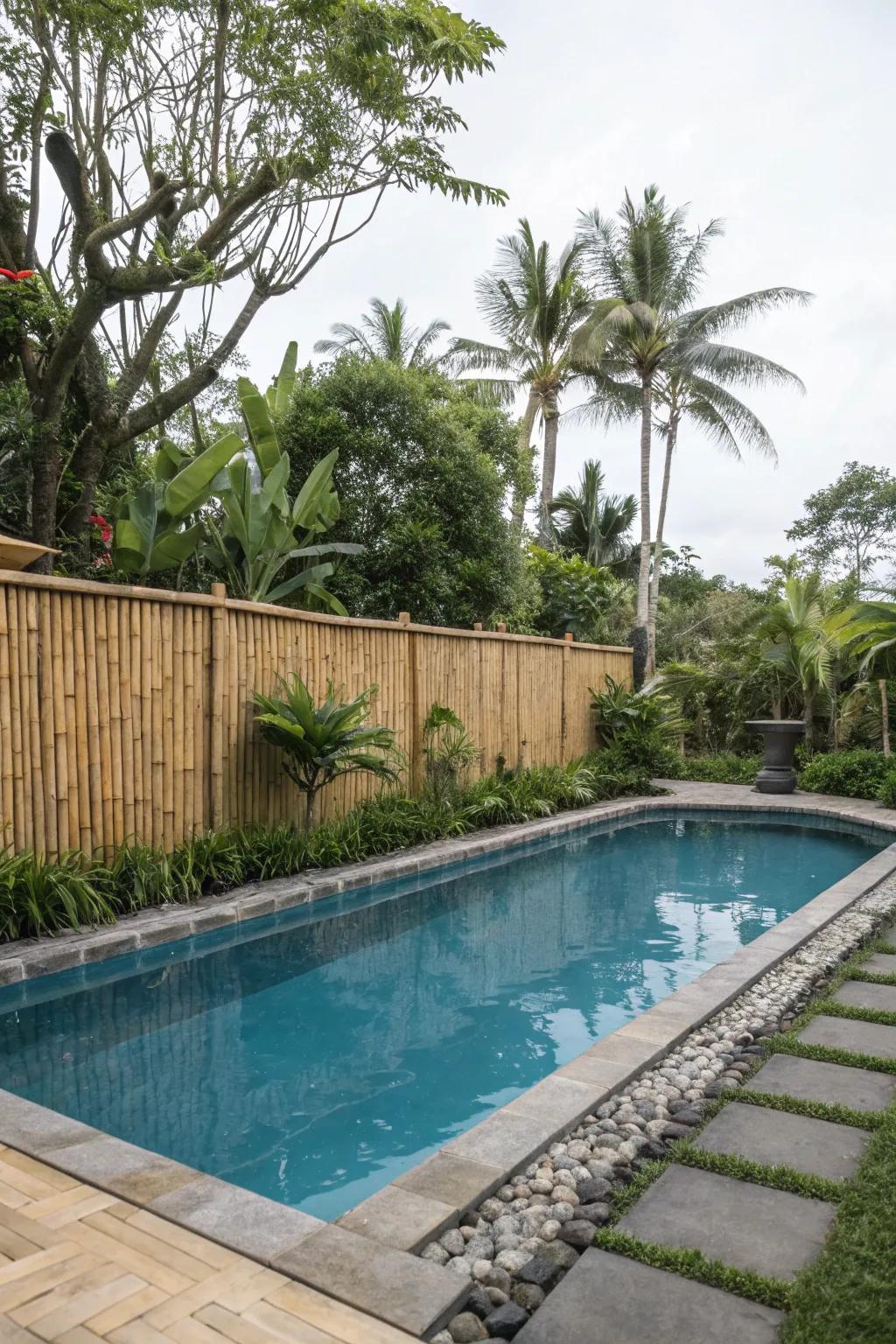 Bamboo and tropical plants create a serene and exotic poolside retreat.