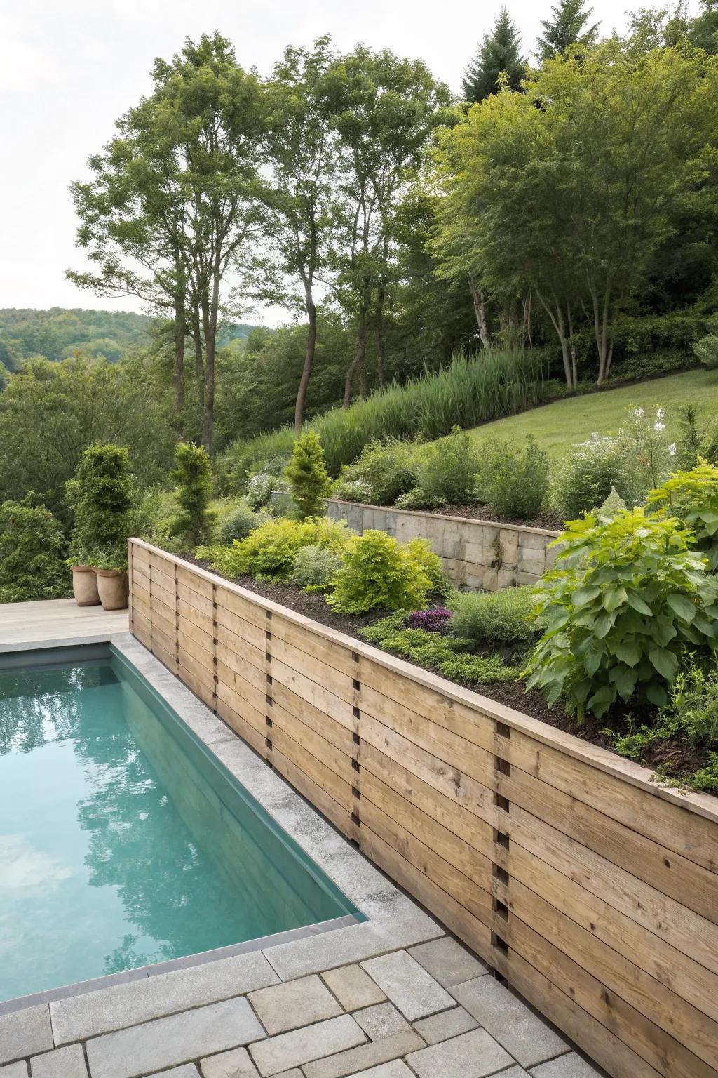 Timber retaining walls add warmth and a touch of nature to your pool area.
