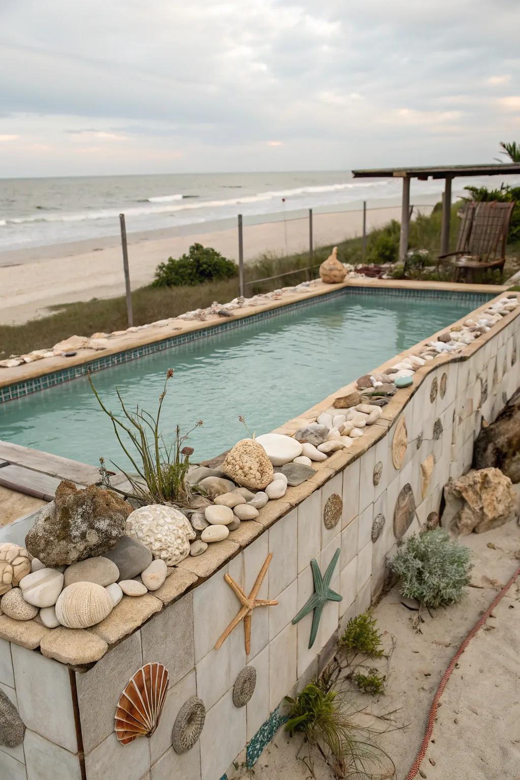 Seashells and driftwood evoke a breezy, coastal atmosphere.