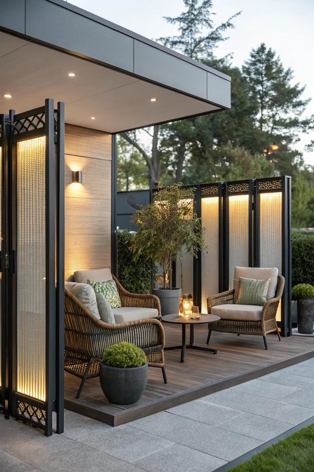 Furniture placement by dividers defines cozy, intimate spaces.