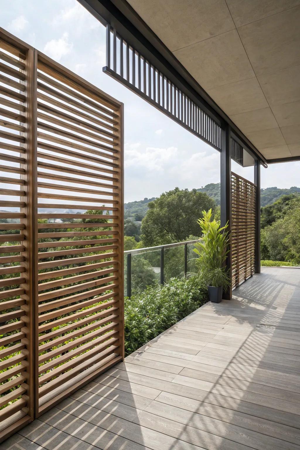 Wooden slats create a warm, inviting atmosphere on your patio.