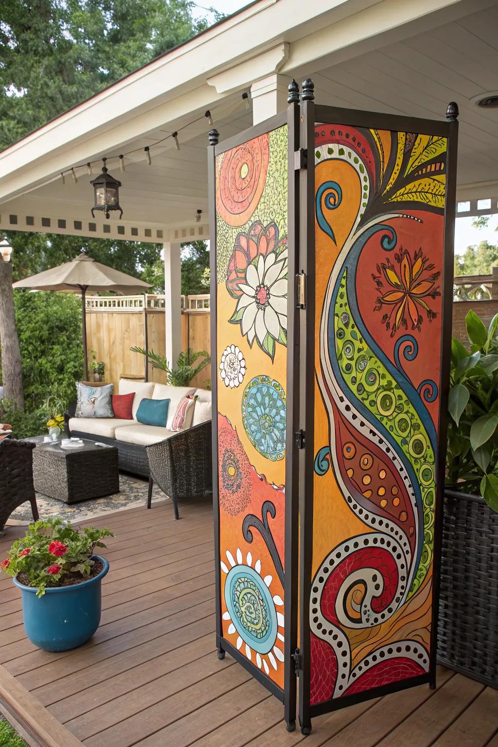 Artistic murals on dividers bring color and creativity outdoors.