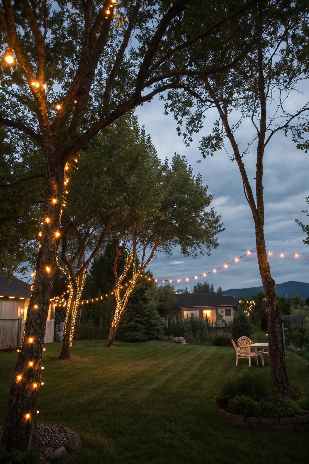 Fairy lights create a magical ambiance throughout the backyard.