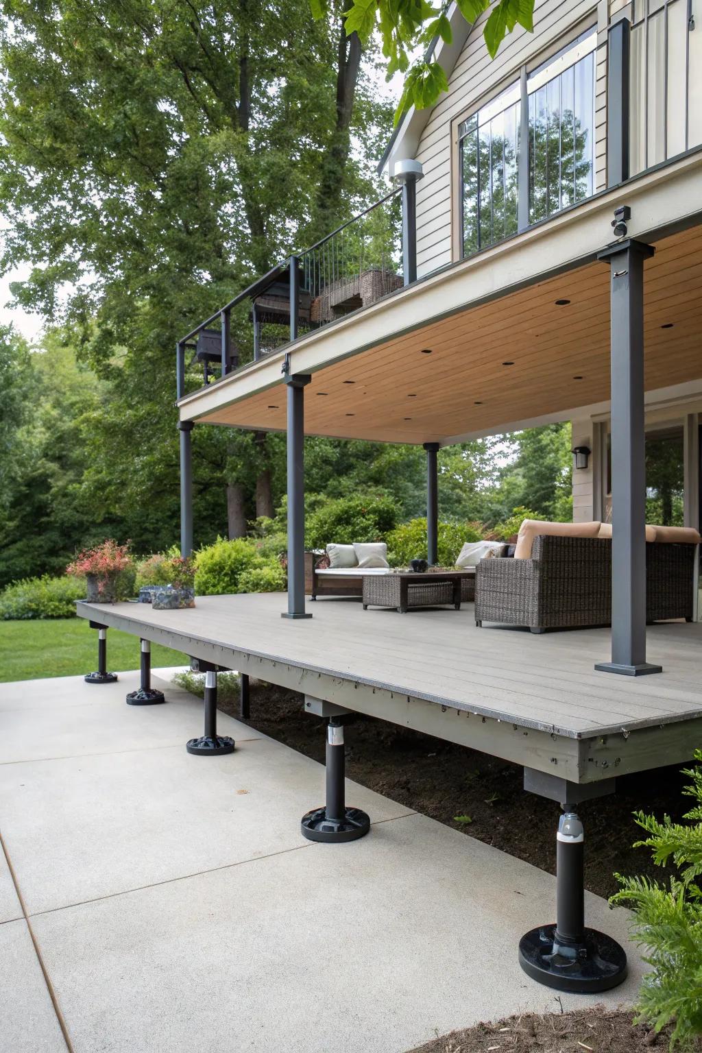 Elevate your deck effortlessly with adjustable pedestals over concrete.