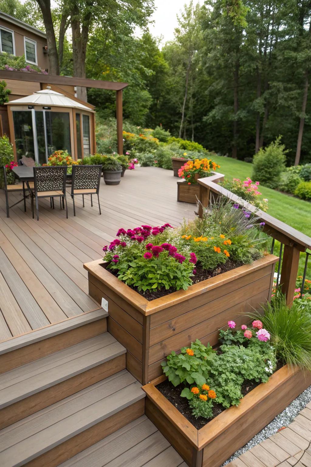 Enhance your deck with integrated planters filled with vibrant foliage.