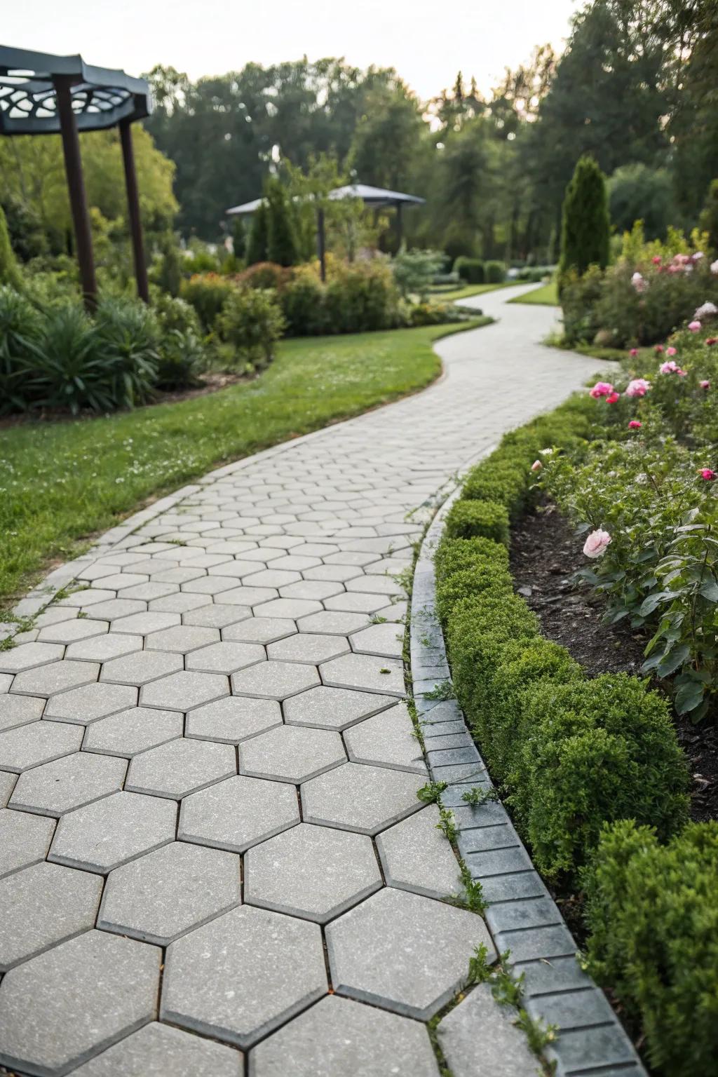 Modern garden path with hexagonal patterns