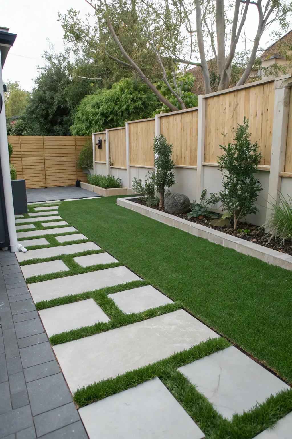 Embrace modern minimalism with artificial grass and paving.
