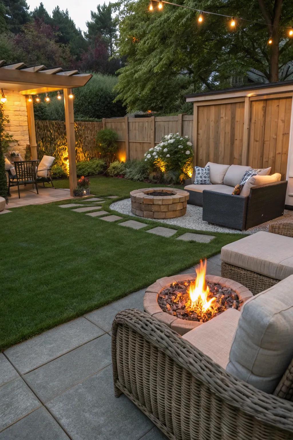 Turn your backyard into a cozy retreat with artificial grass and paving.