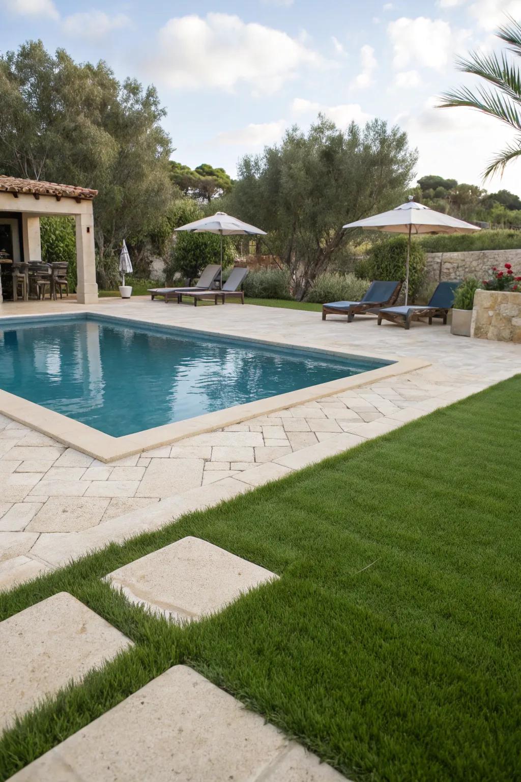 Keep your poolside pristine with artificial grass and paving.