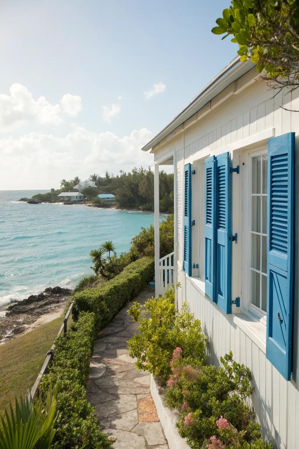 Bermuda shutters add a tropical vibe to this coastal home.