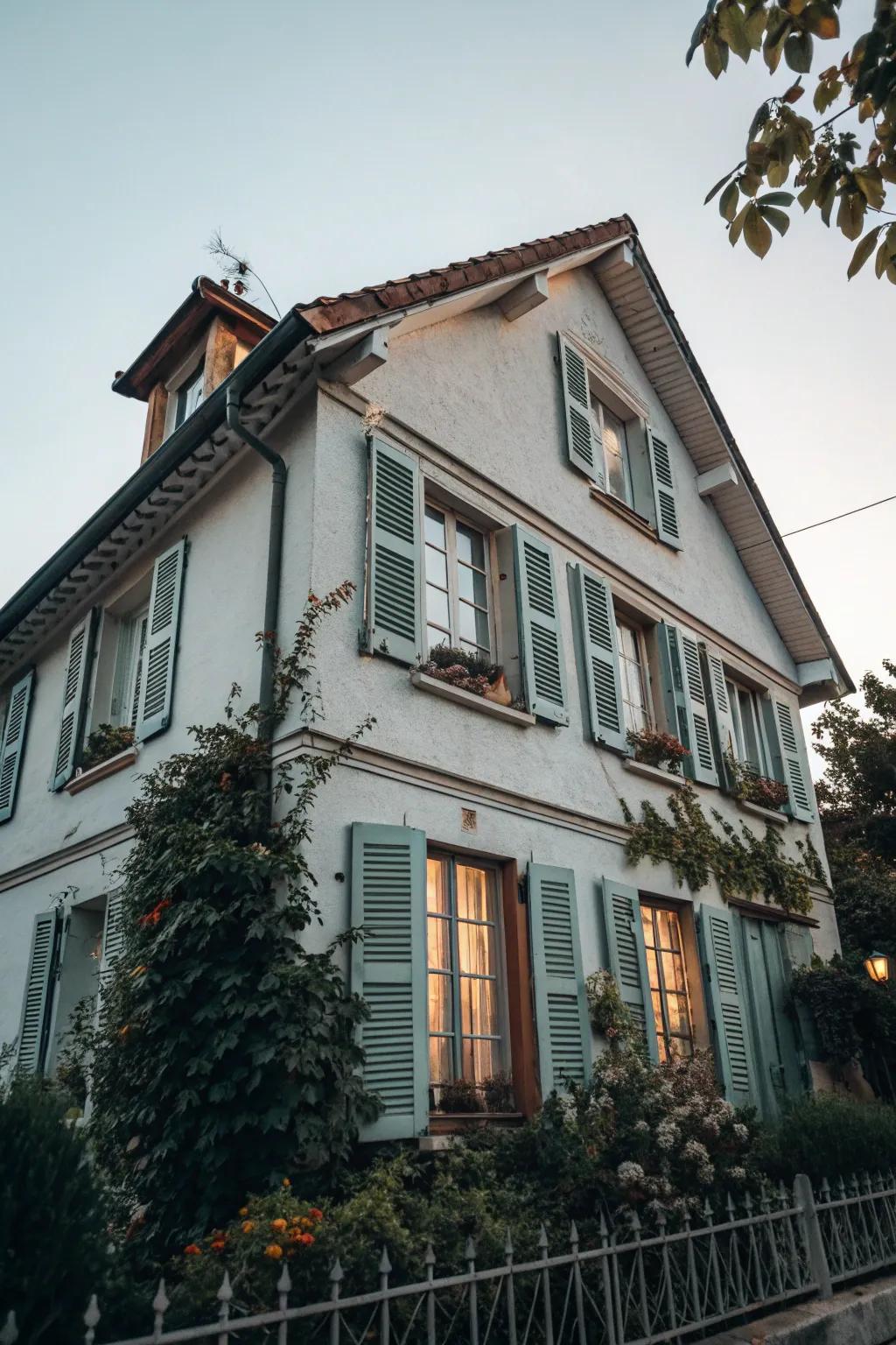 Asymmetrical shutter designs add artistic flair to this home.