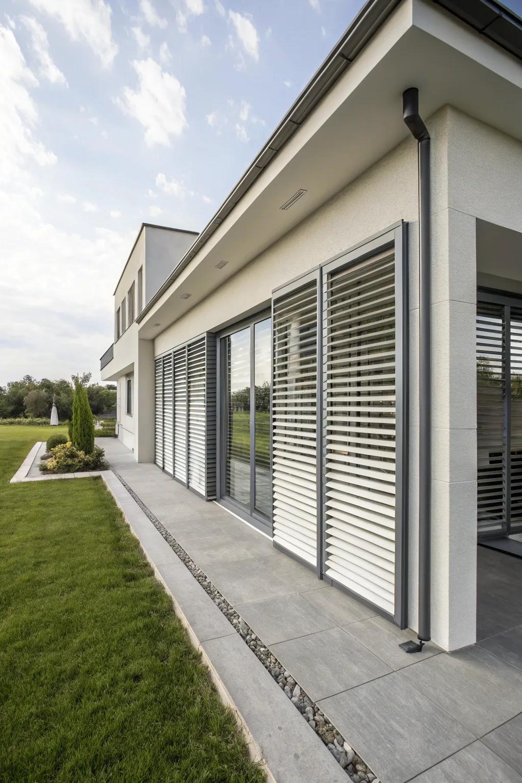 Sleek aluminum shutters provide a minimalist touch to this modern home.