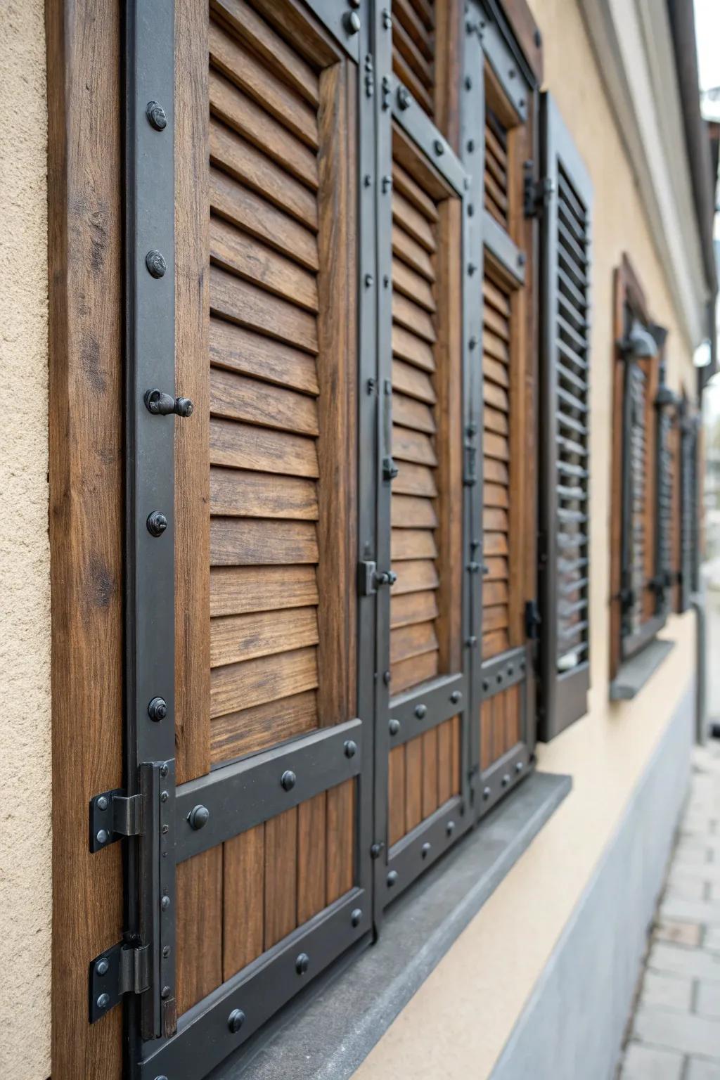 A mix of wood and metal gives these shutters a unique look.