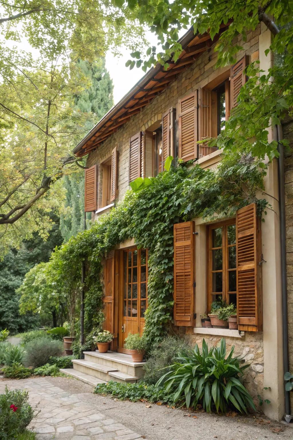 Warm wood tone shutters enhance the natural beauty of this cozy home.