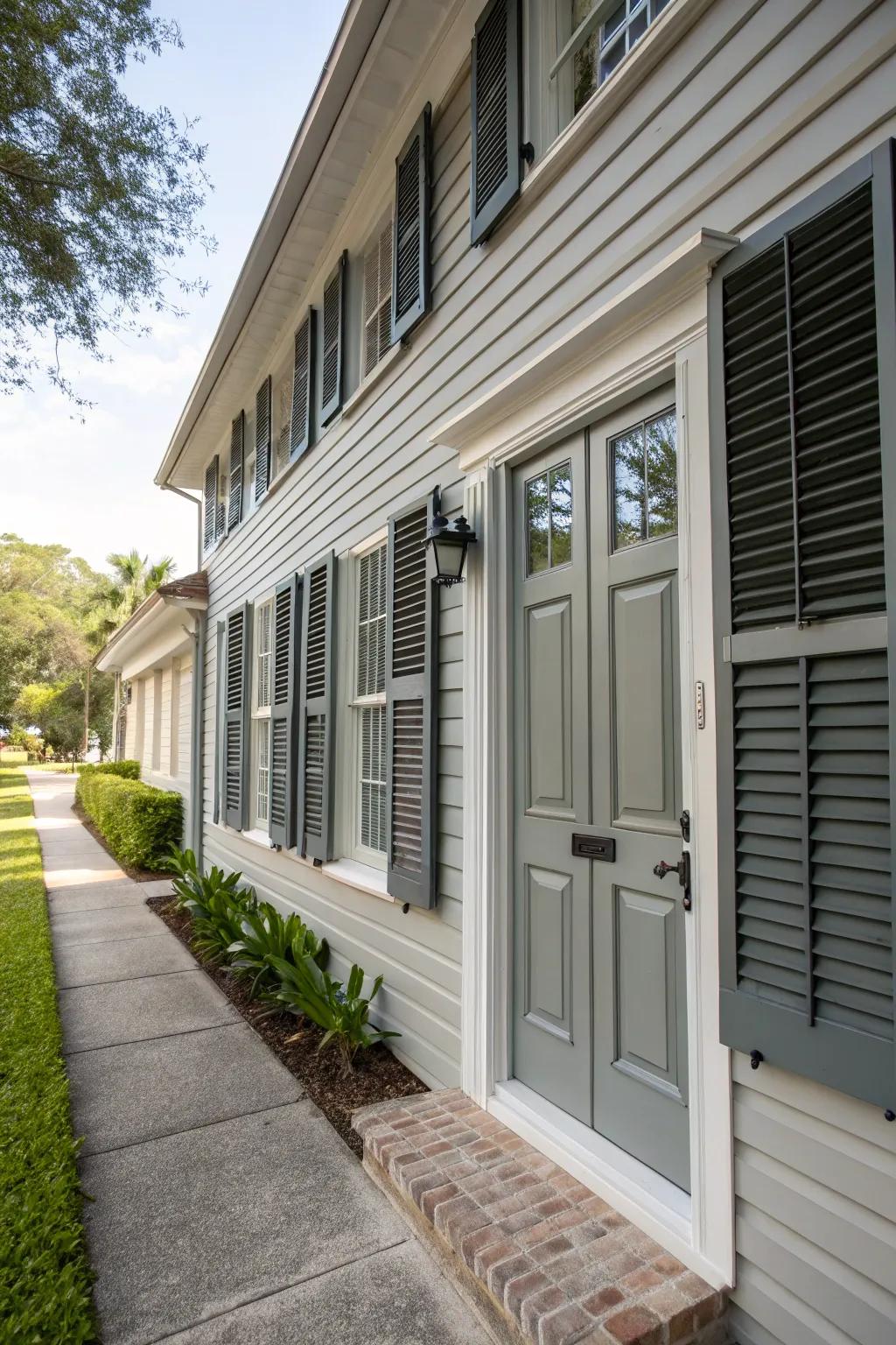 Matching shutters and door create a cohesive exterior appearance.