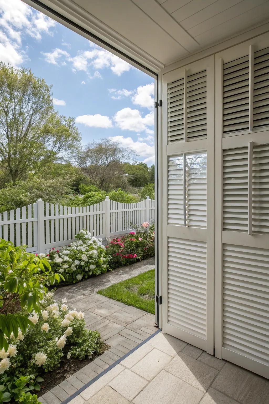 Shutters used as privacy screens define this cozy outdoor area.