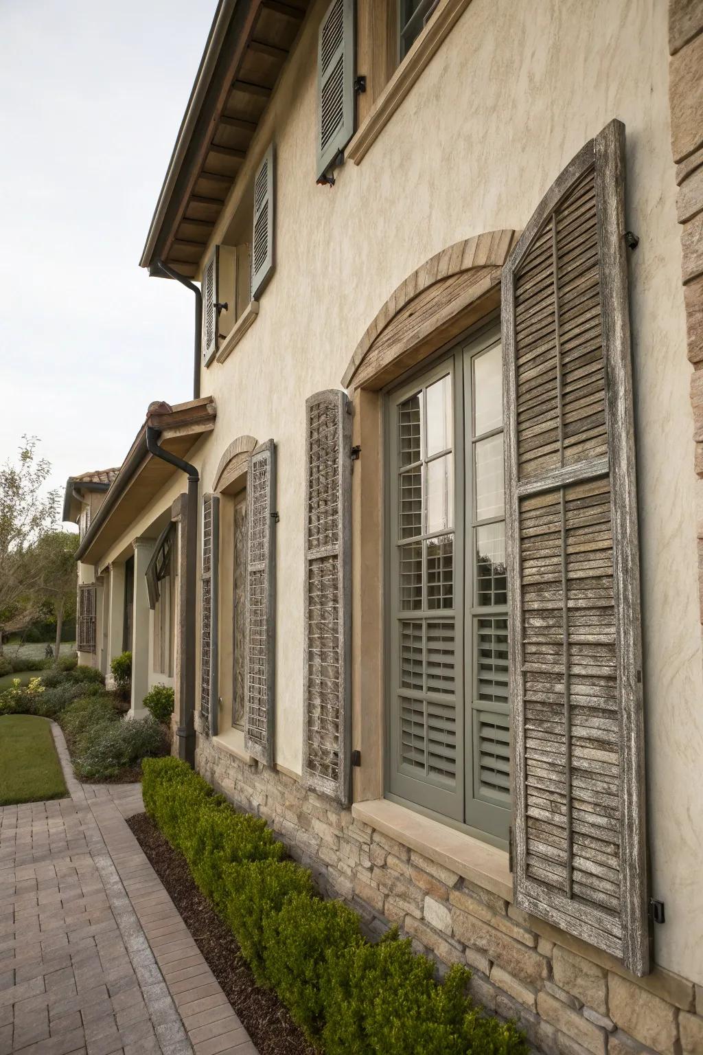 Textured finishes add depth and interest to these shutters.
