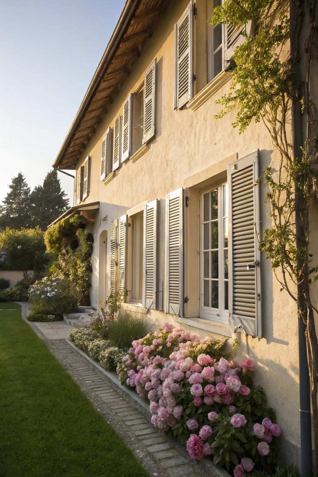 Classic louvered shutters offer both function and elegance.
