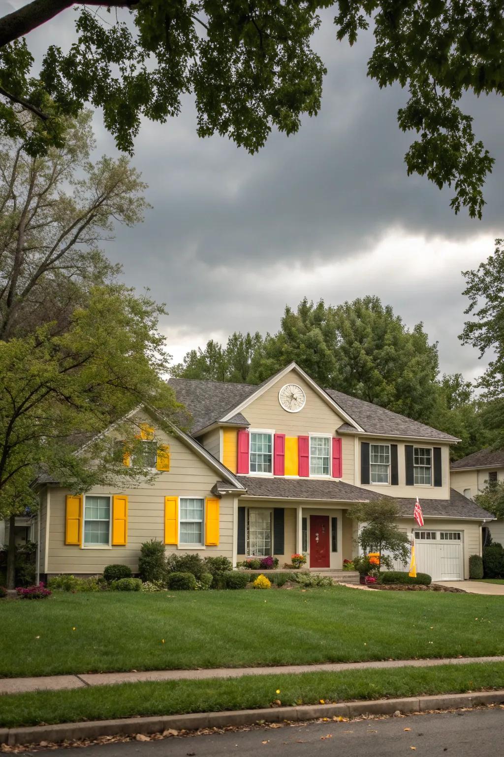 Vibrant shutters add a bold splash of color to this suburban home.