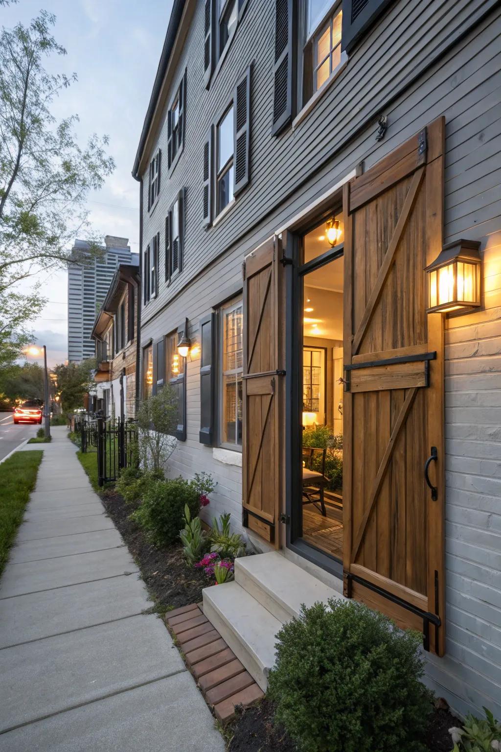 Barn-style shutters introduce a rustic charm to an urban home.