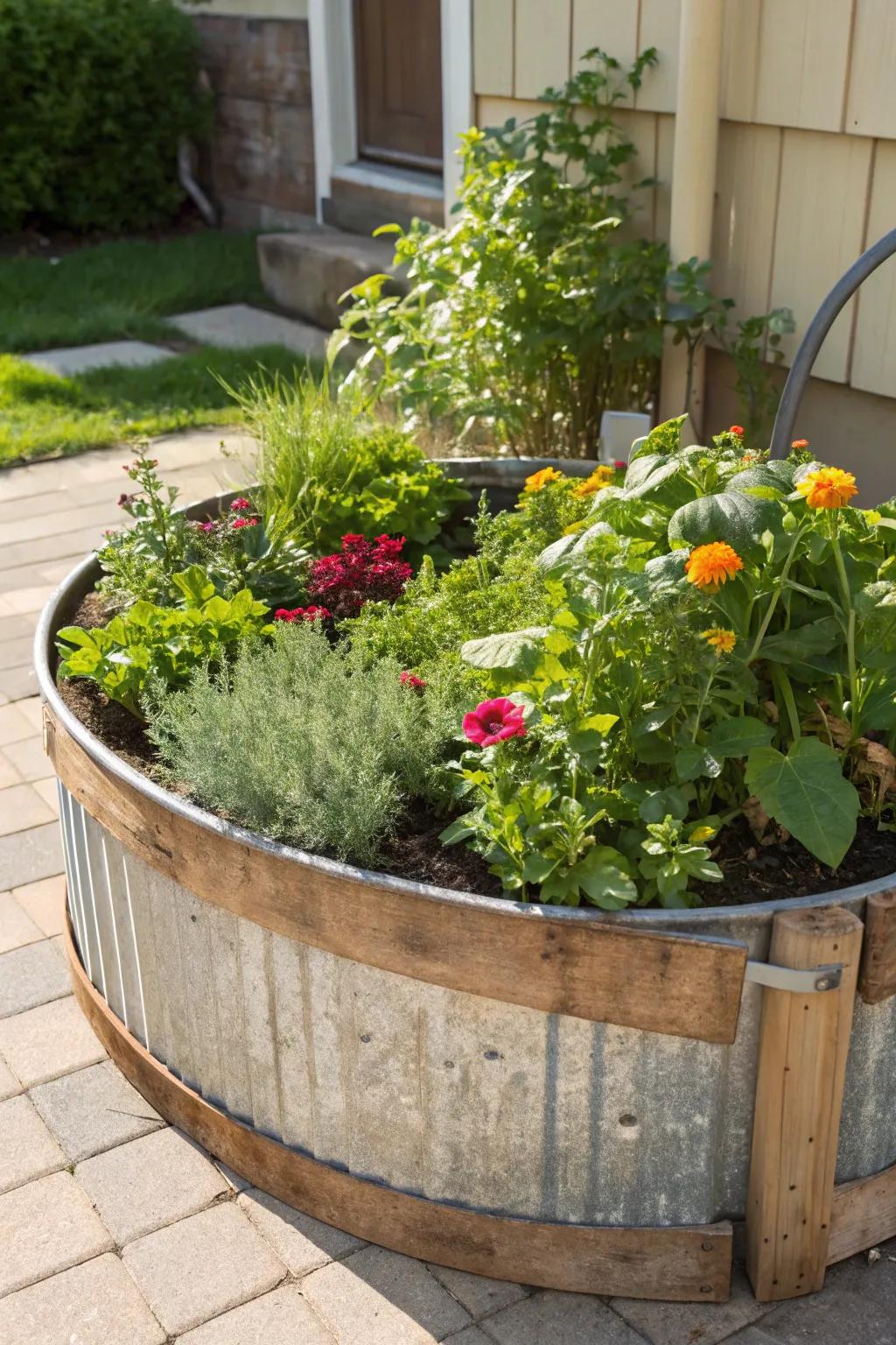 Metal and wood create a chic, durable raised garden bed.