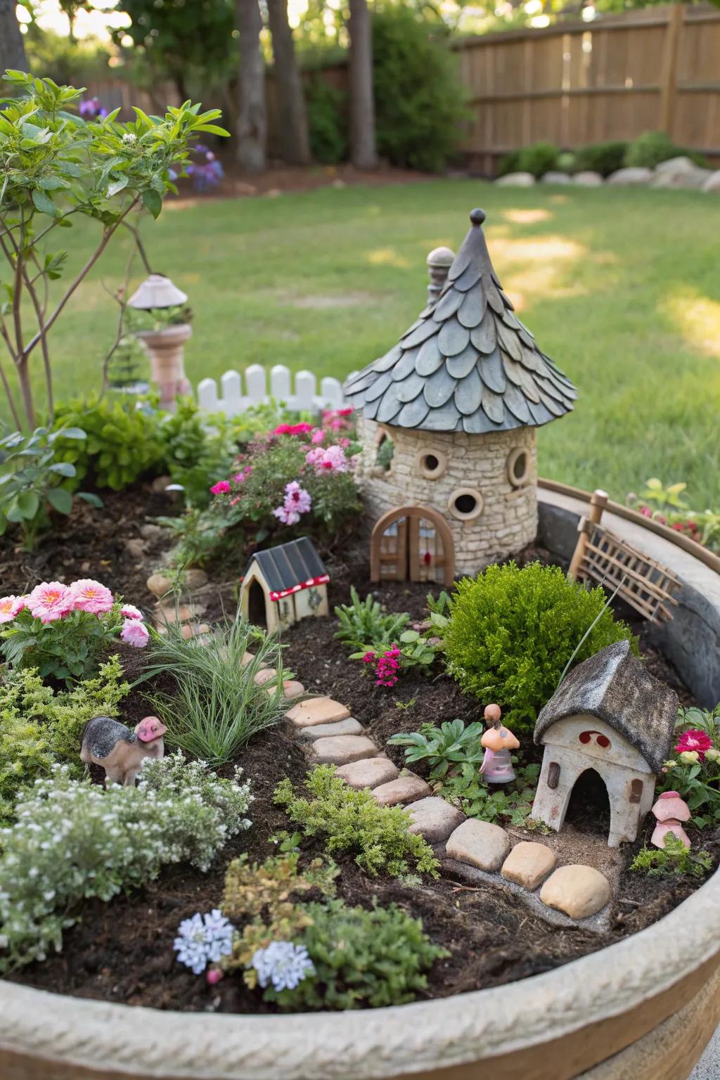 A fairy garden brings a touch of whimsy and magic.