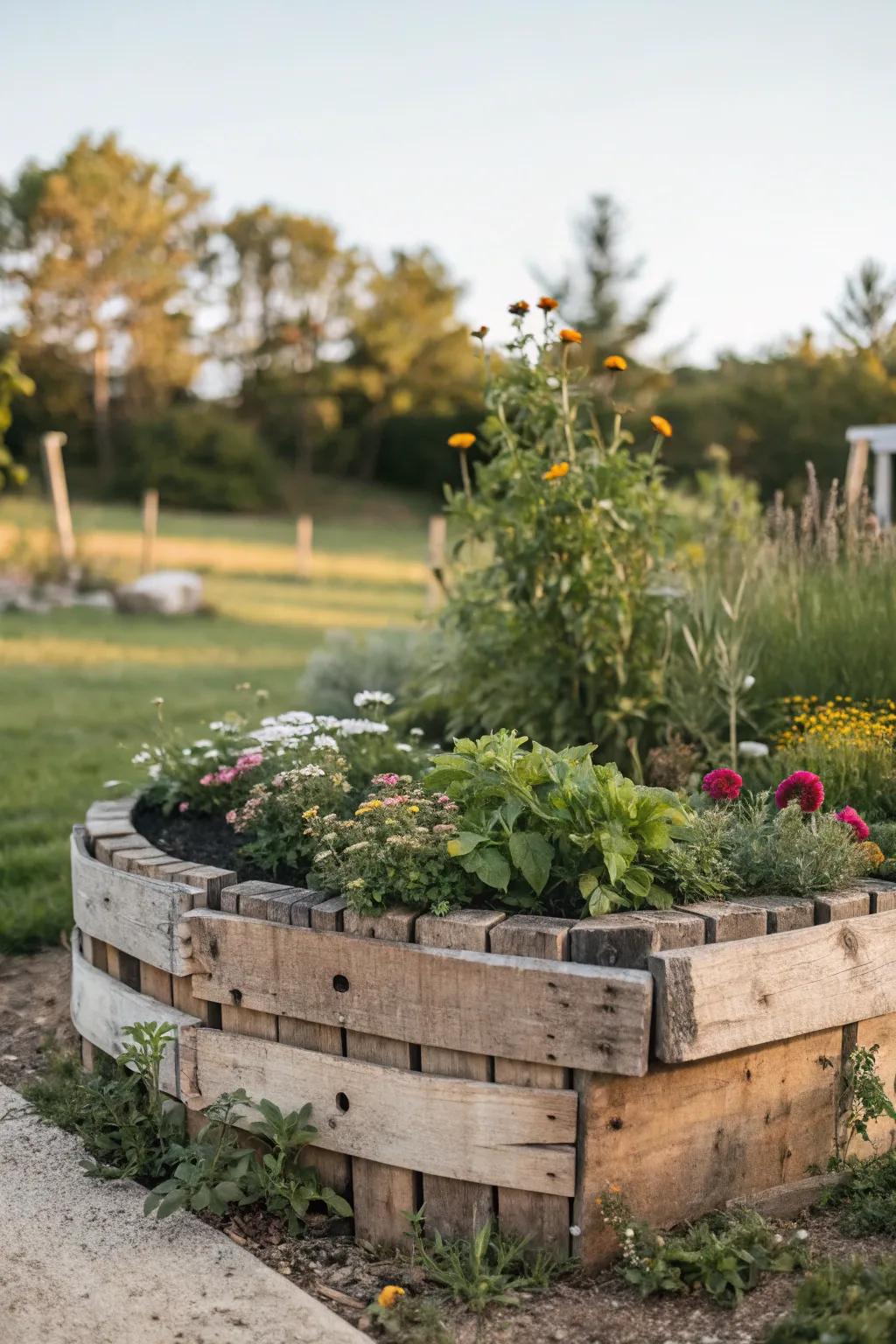 Rustic wood pallets offer a sustainable garden solution.