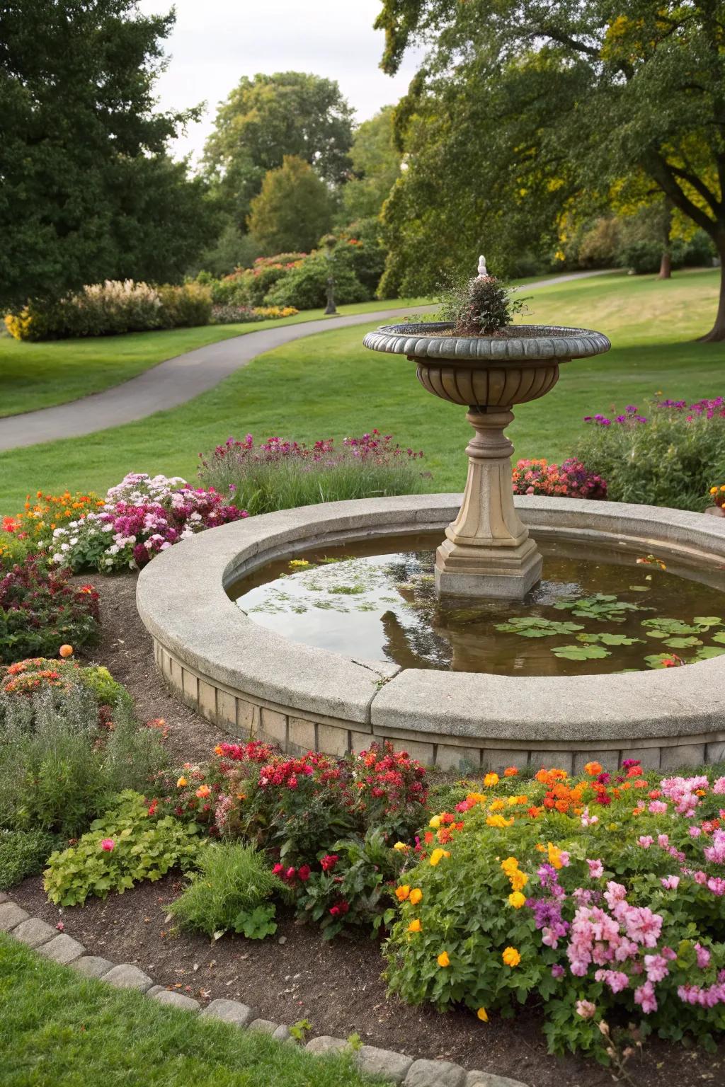 A central feature like a birdbath adds charm and attracts wildlife.