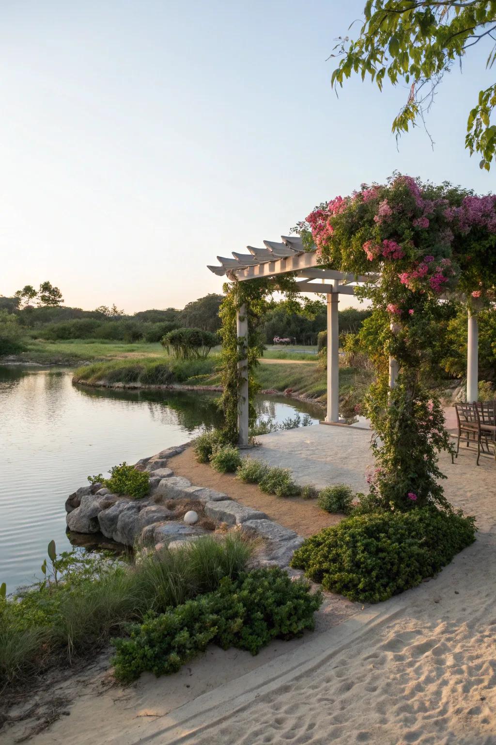 A pergola adds shade and elegance to your pond beach setting.