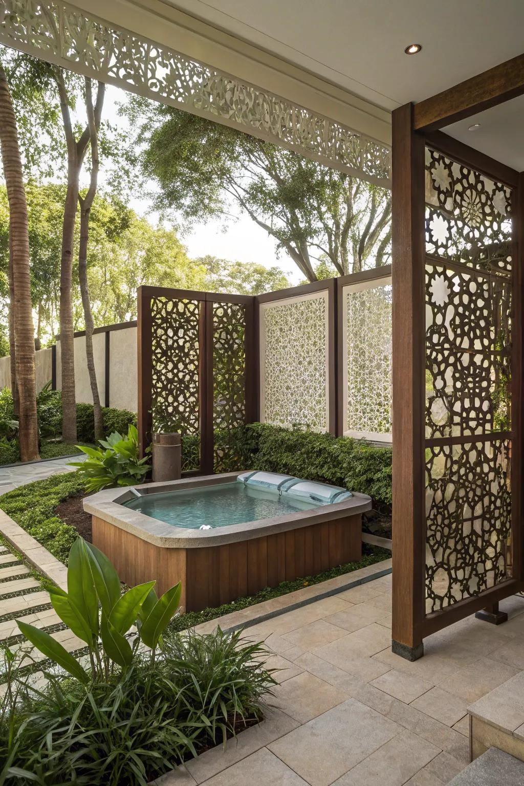 Artistic privacy screens offer beauty and seclusion for your spa.