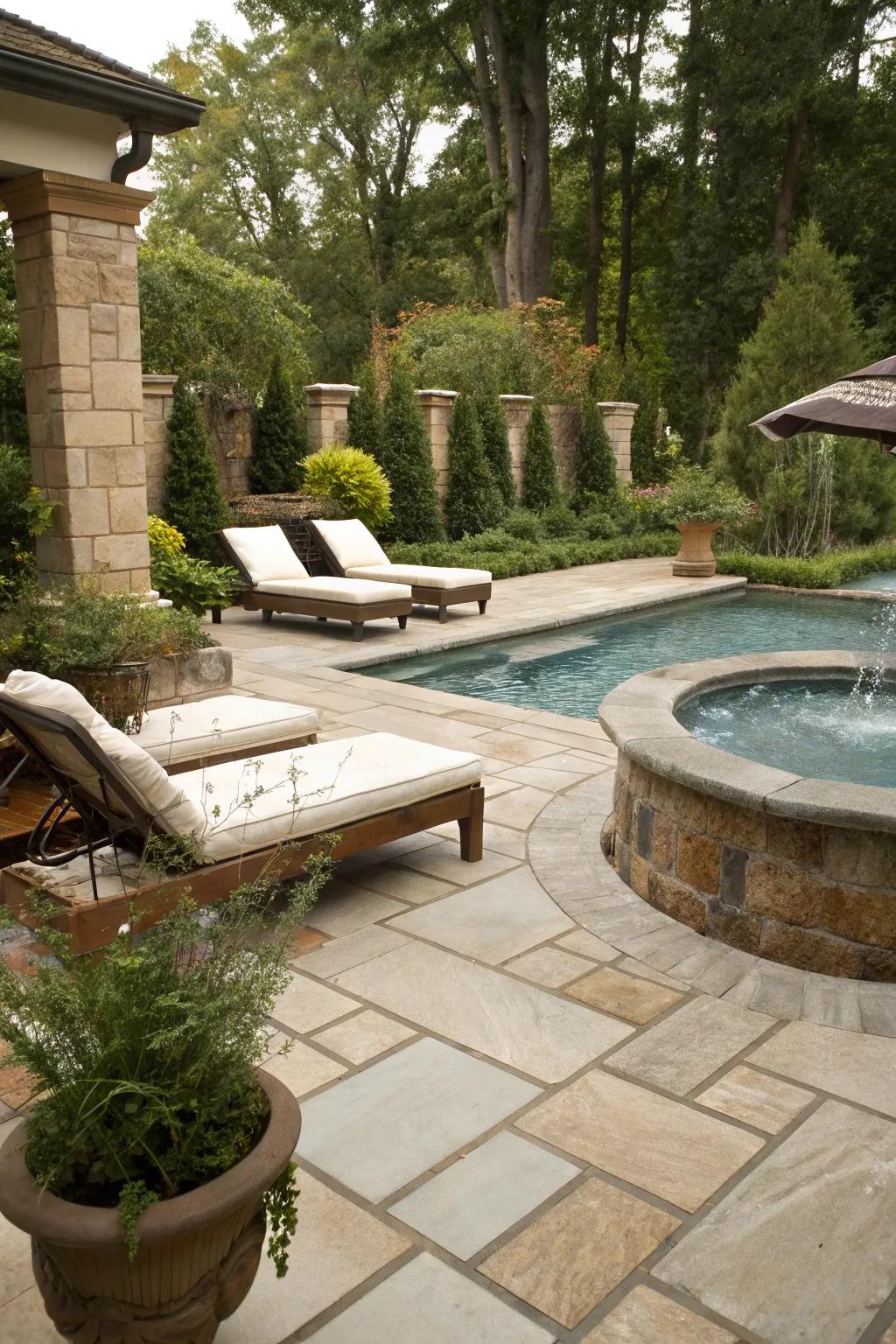 Stone and tile accents create a high-end spa aesthetic.