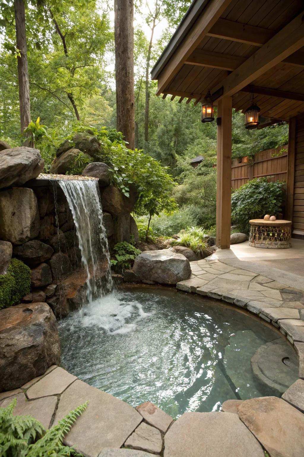 Water features add a calming soundscape to your outdoor spa.