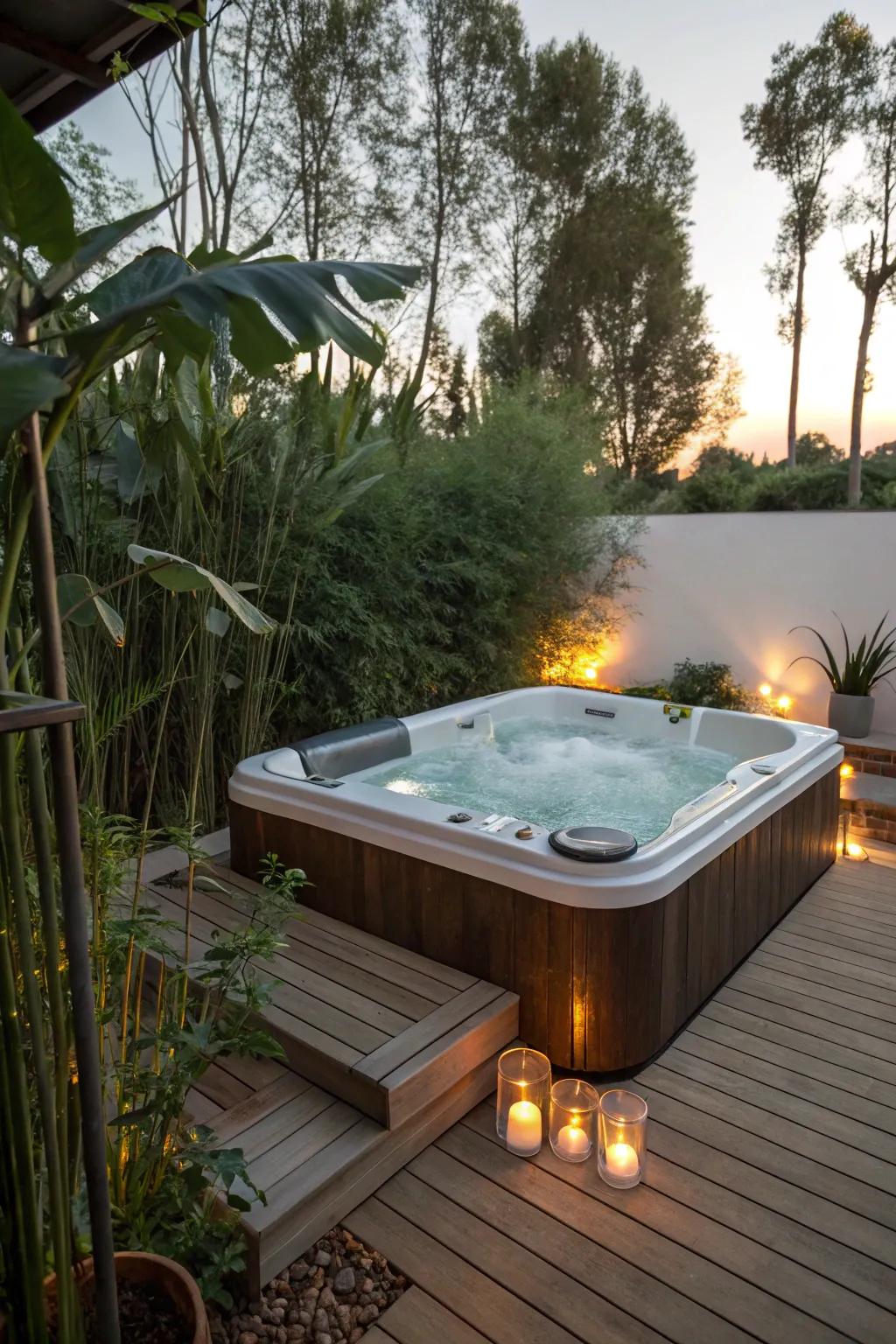 A hot tub set into a wooden deck creates an inviting outdoor retreat.