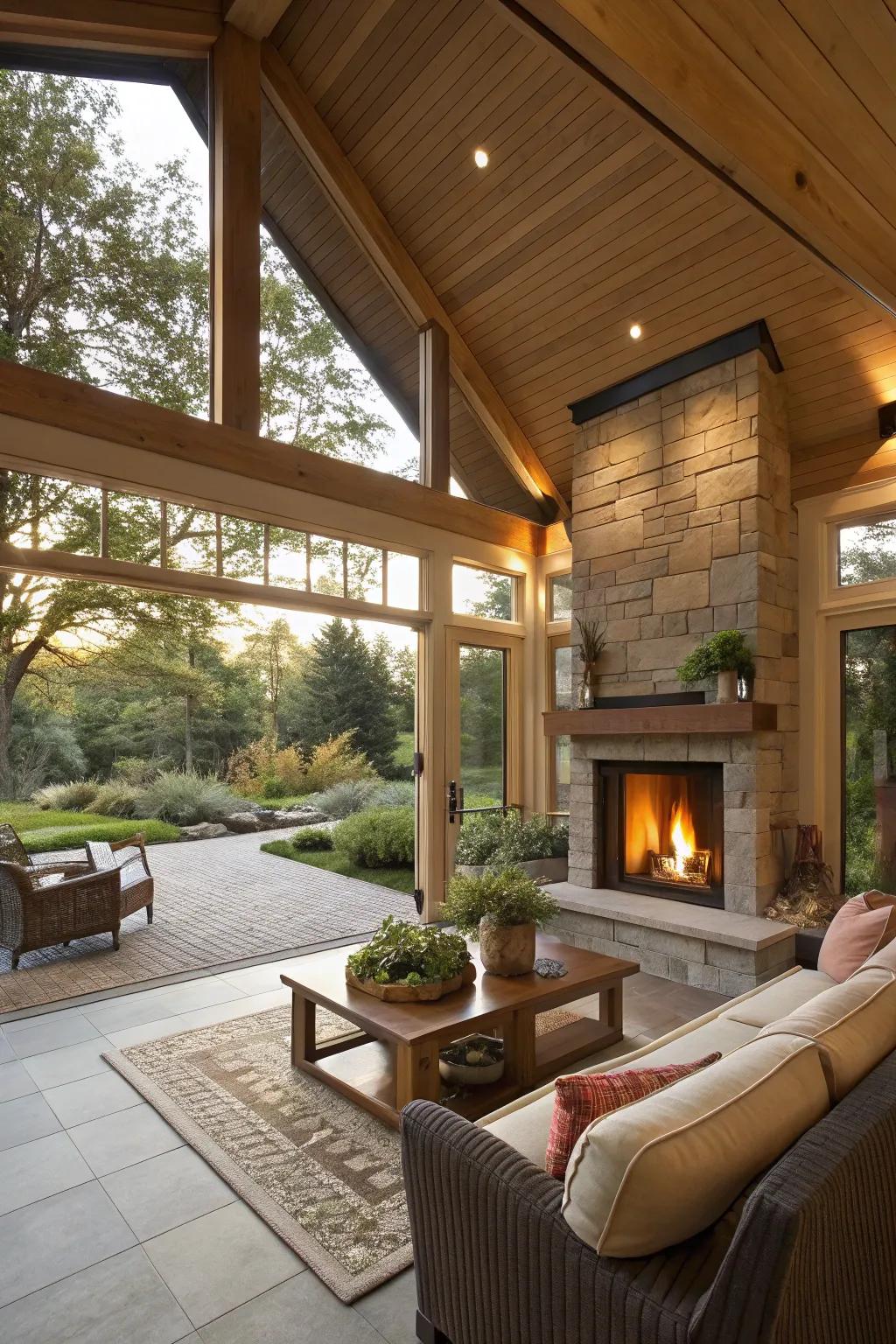 Open concept designs with a fireplace unify indoor and outdoor living areas.
