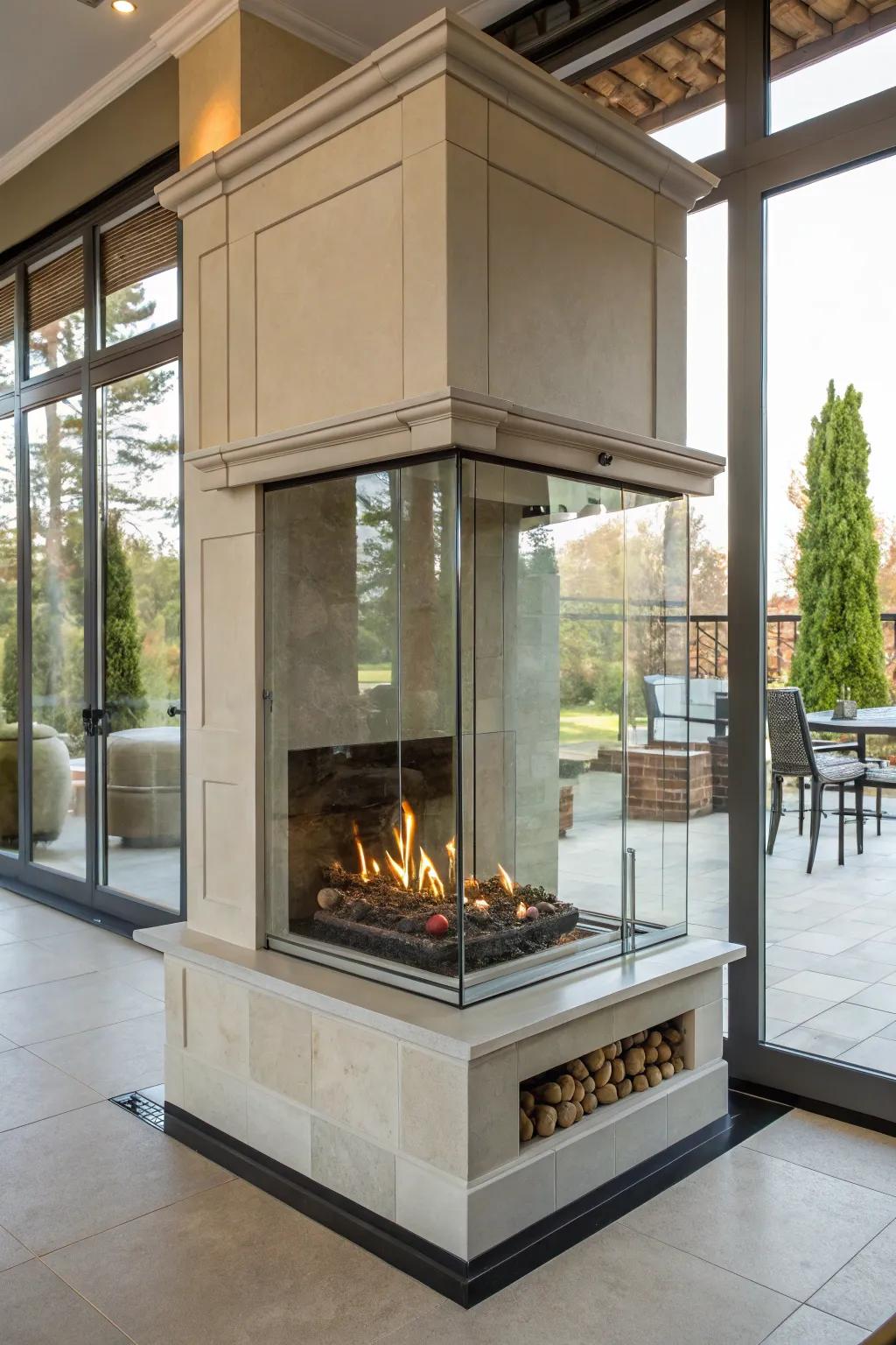 Glass-encased fireplaces offer sleek elegance and protection from the elements.