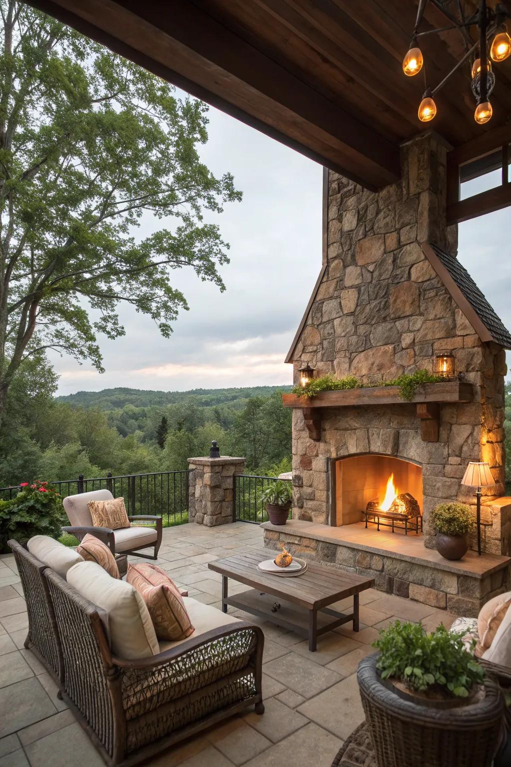 A stone fireplace offers a rustic touch that beautifully ties together indoor and outdoor settings.