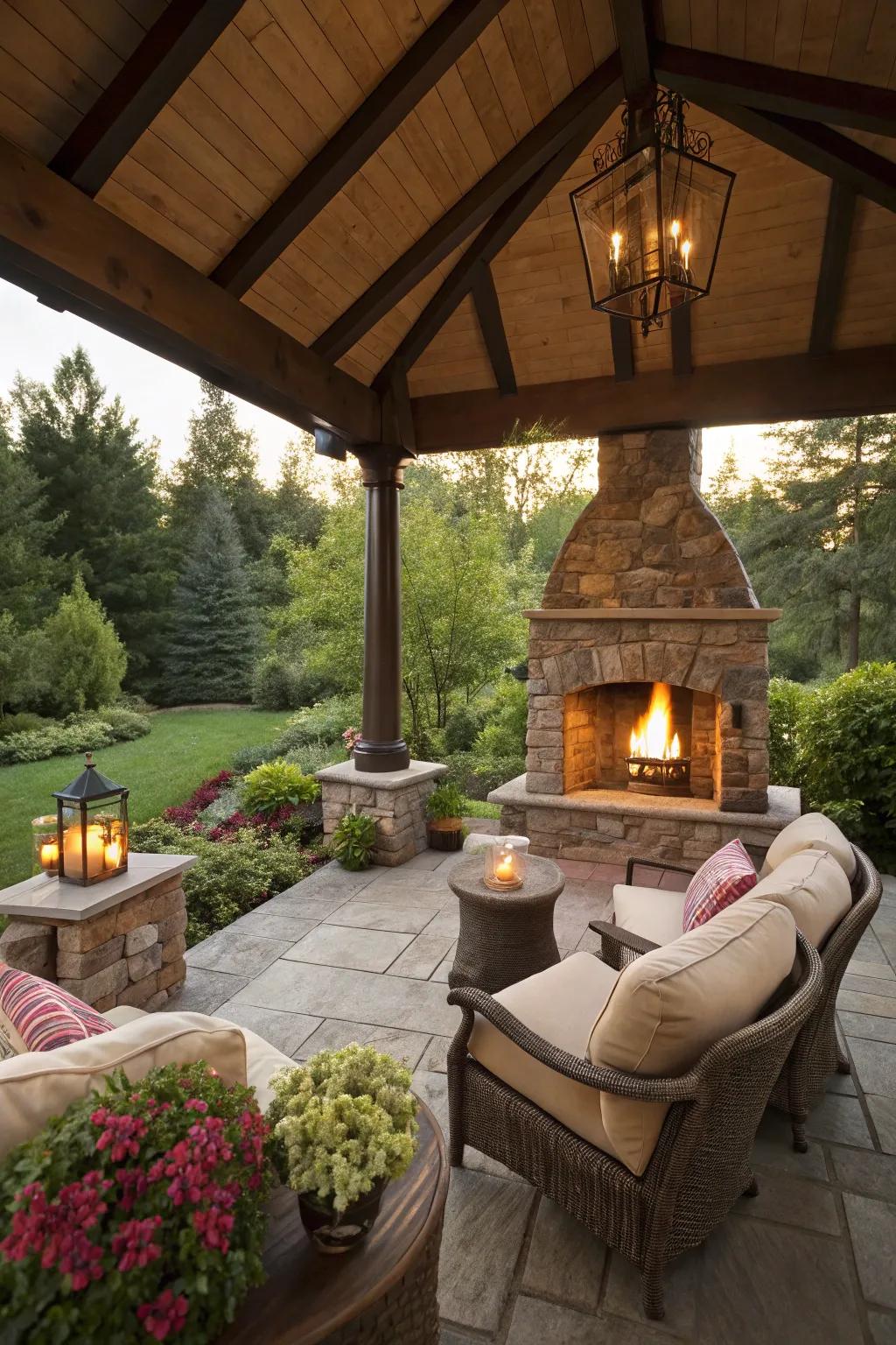 A covered patio with a fireplace creates a warm retreat no matter the season.