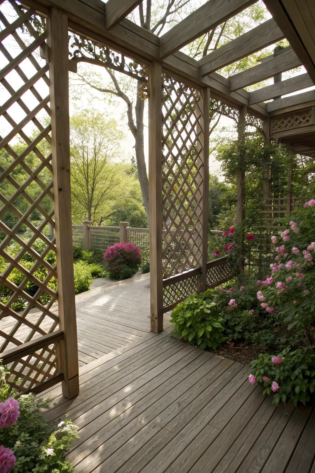Lattice spindles offer privacy with decorative flair.