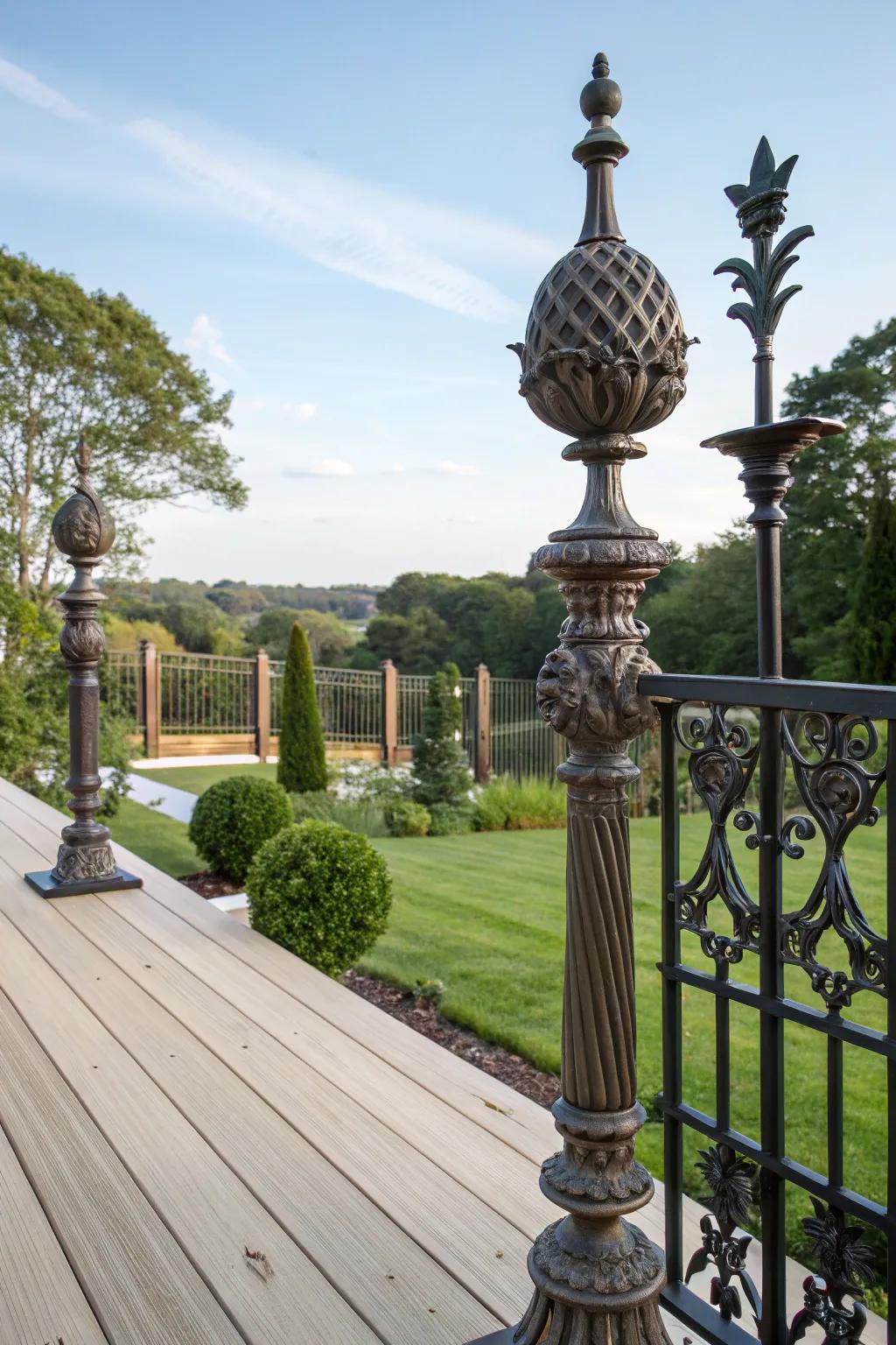 Artistic metalwork spindles create a stunning deck centerpiece.
