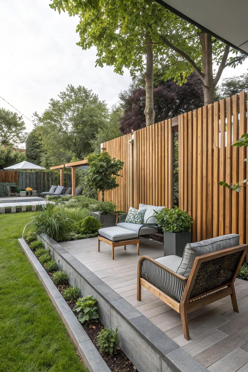 Modern wooden slats create a sleek and contemporary fence divider.