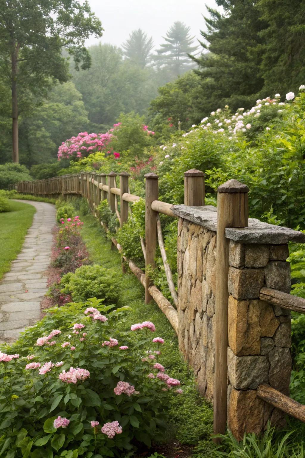 Mix wood and stone for a visually striking fence divider.