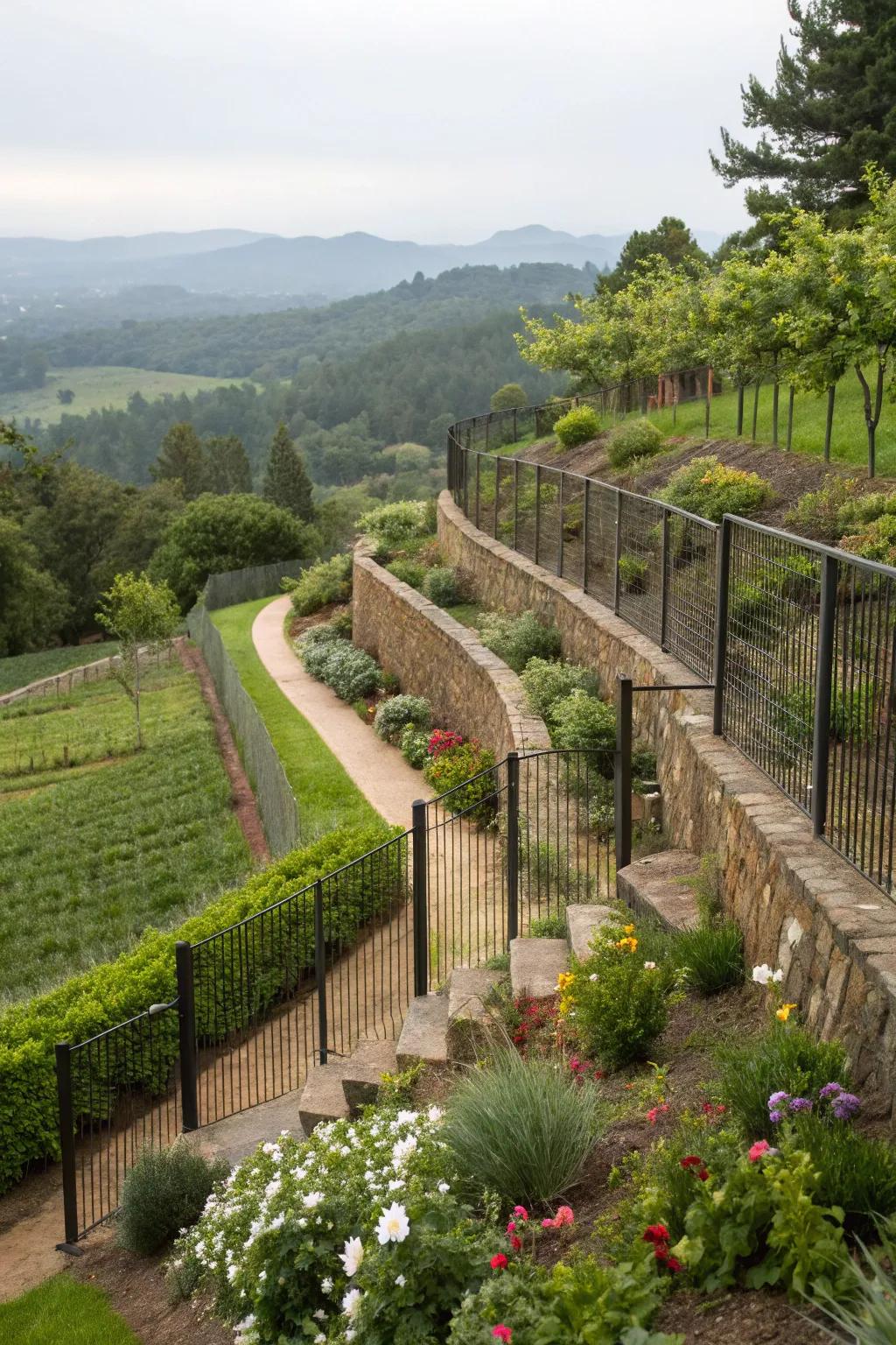 Terraced landscaping creates dynamic and defined spaces.