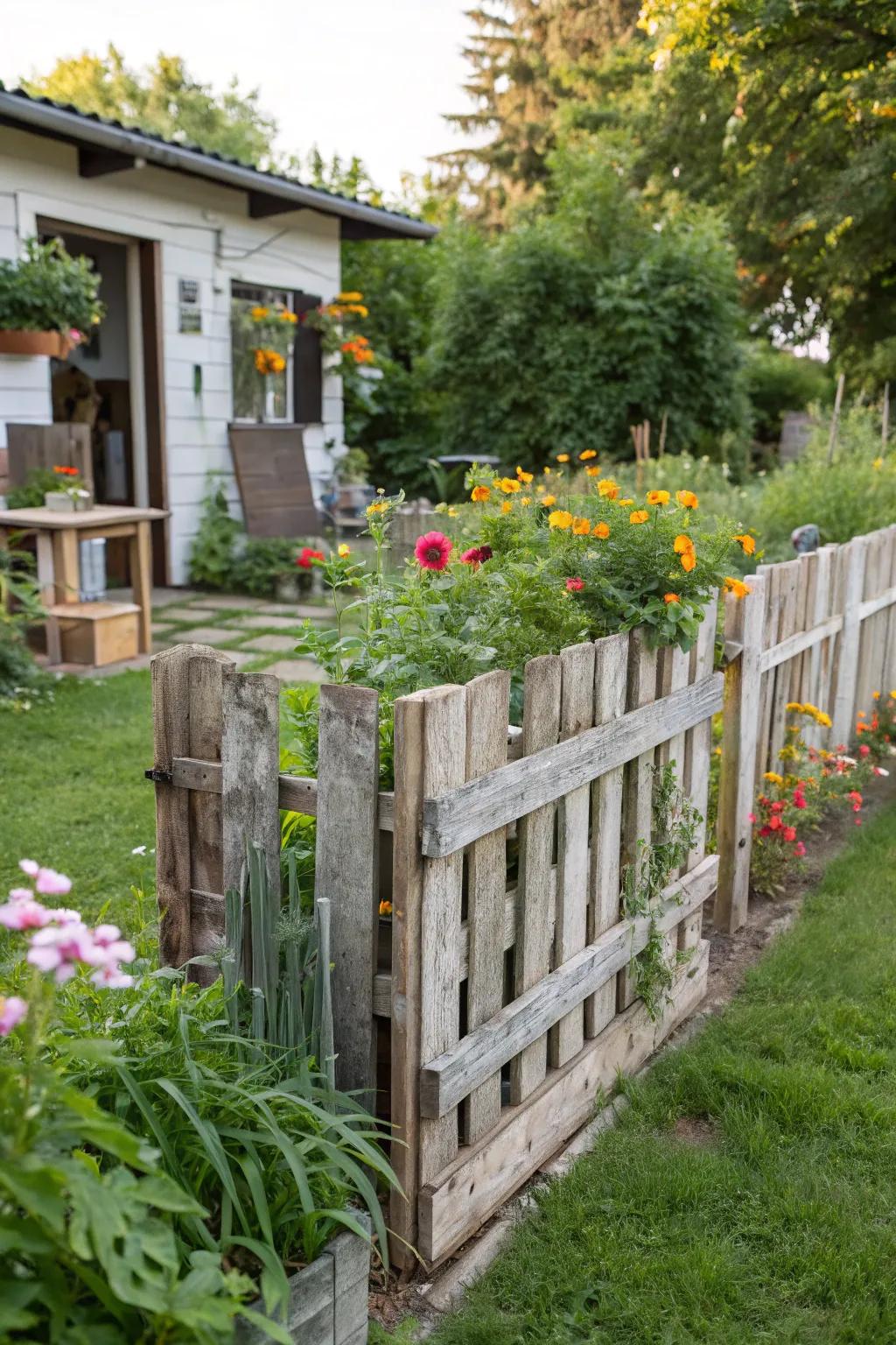 Repurposed pallets offer a budget-friendly fence solution.