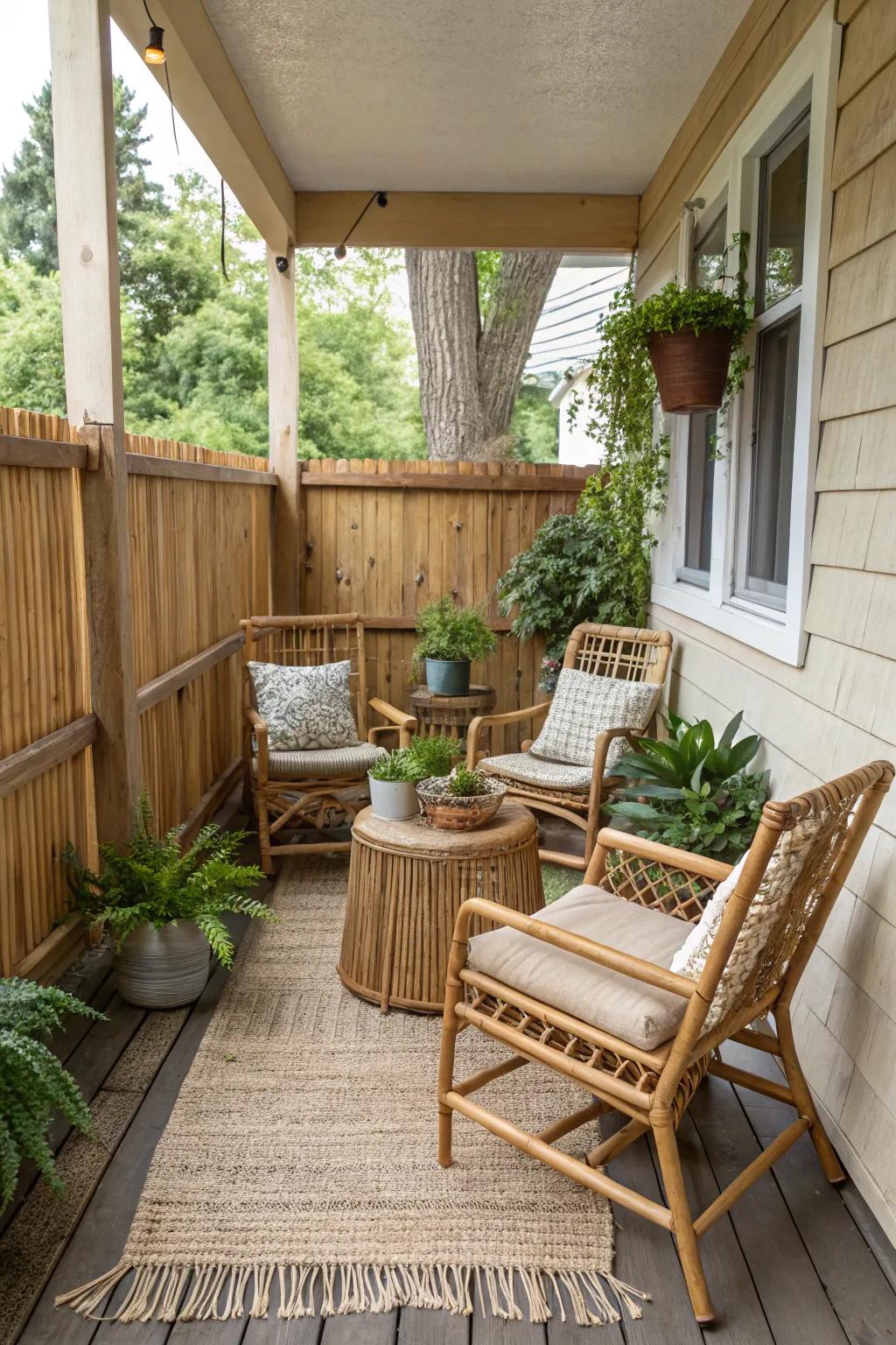 Bamboo chairs offer sustainable style.