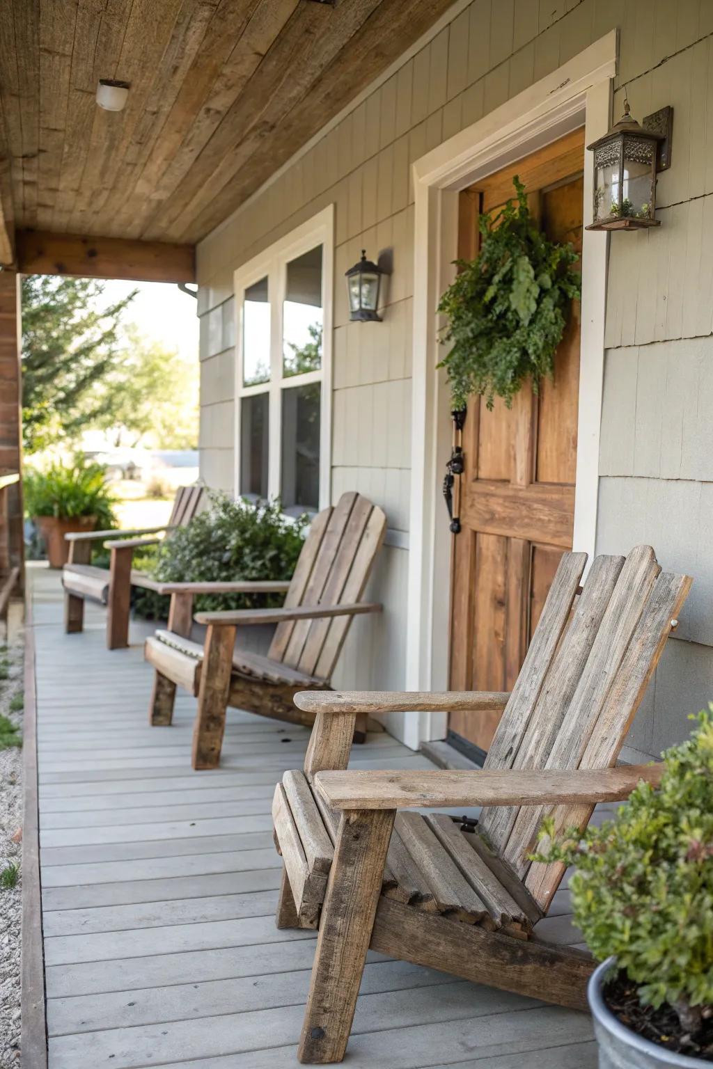 Reclaimed wood chairs for a rustic feel.