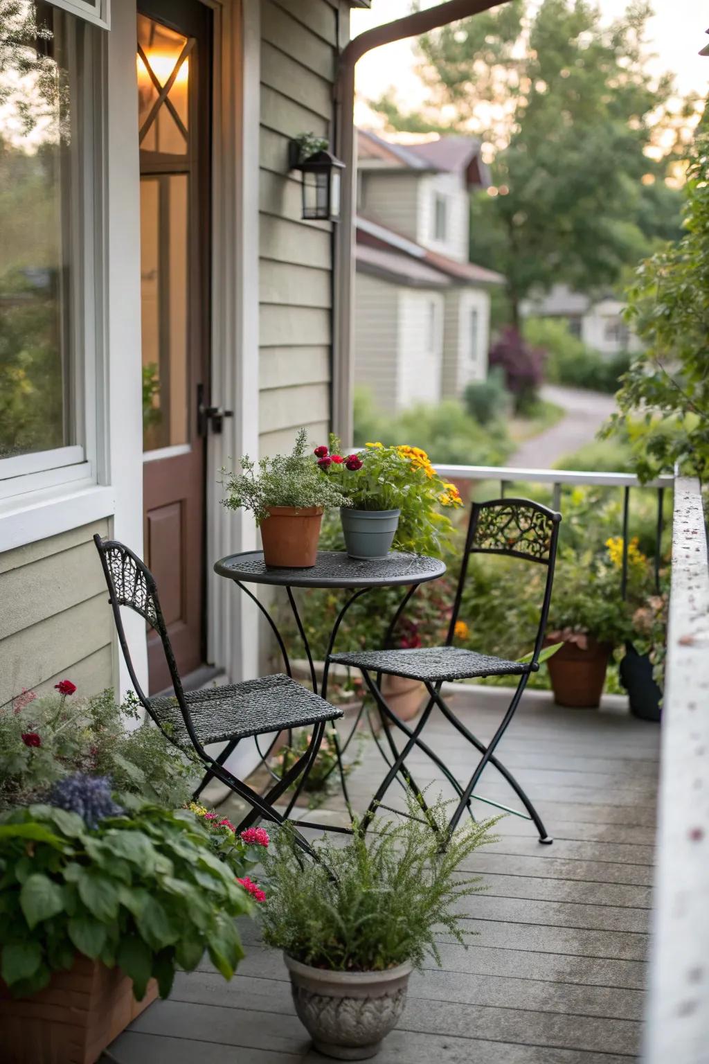 A bistro set adds charm to a small porch.